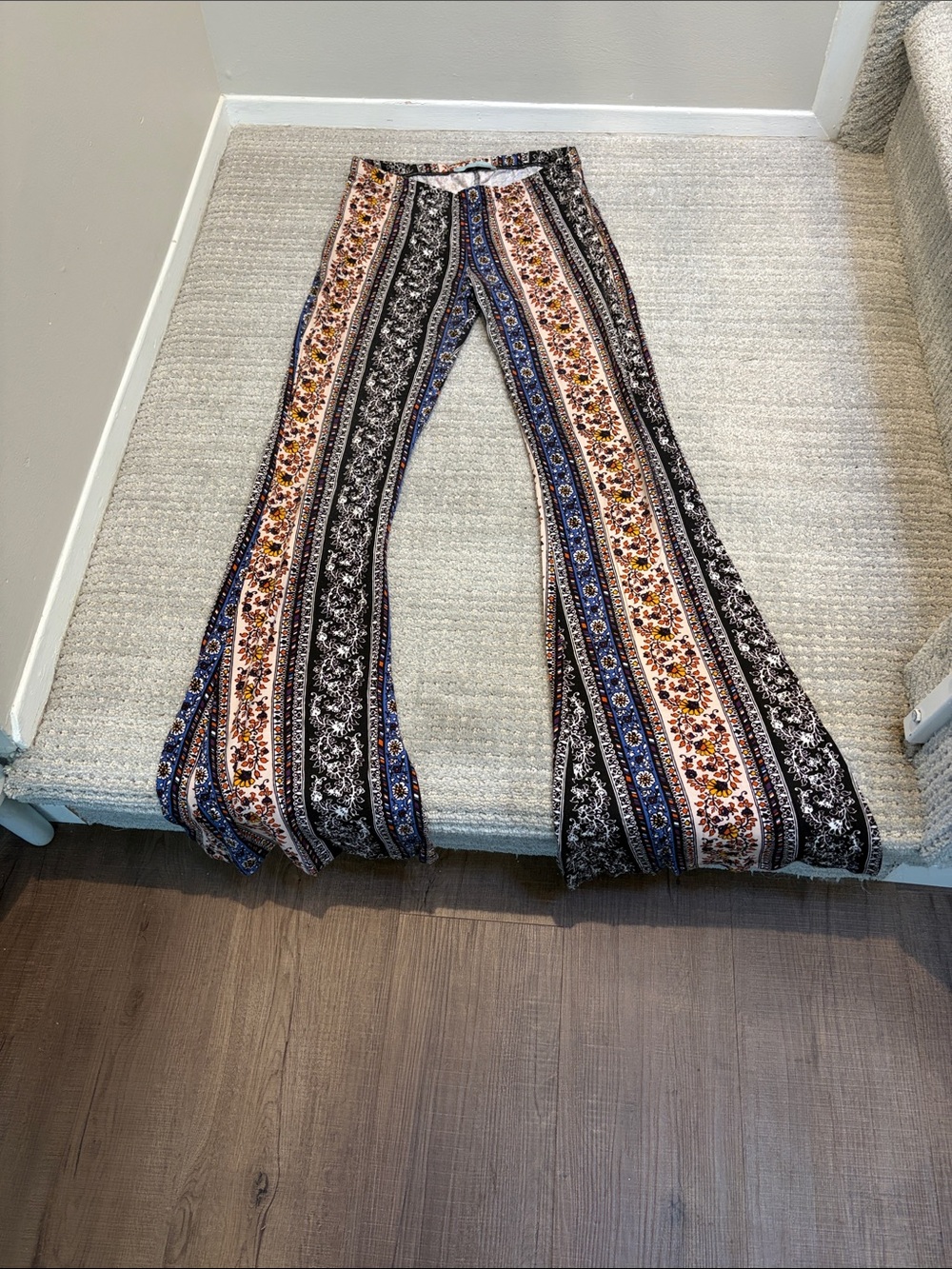 Boho Stripe Floral Flare Pants - Black Multi